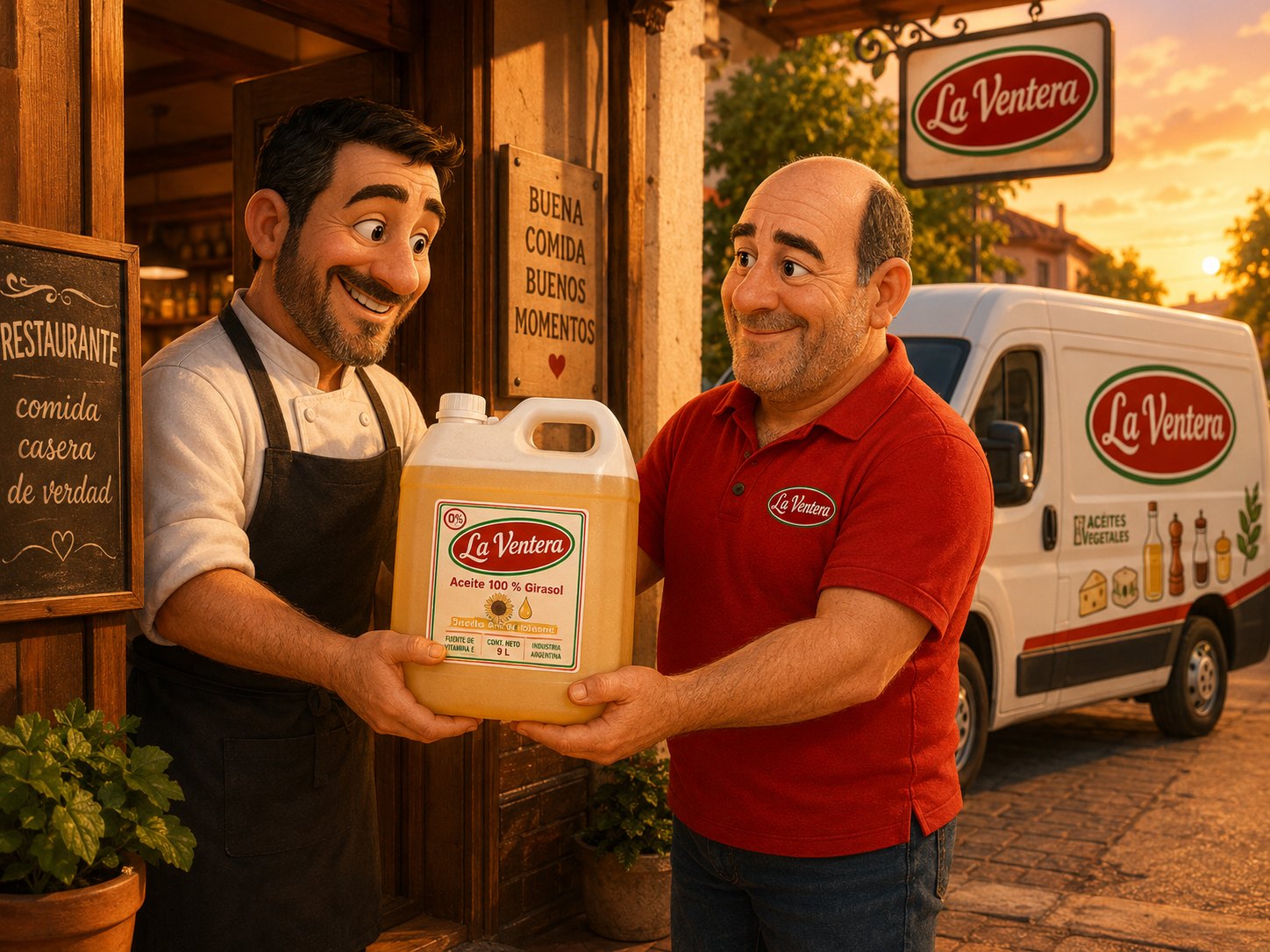 José entregando un bidón de aceite La Ventera a un cocinero en la puerta de su restaurante